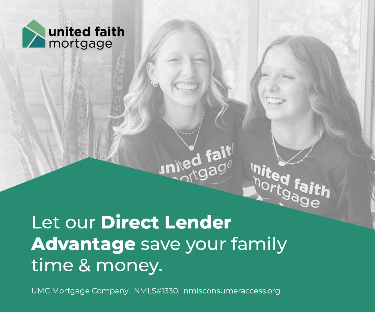 Empowered women smiling, wearing United Faith Mortgage shirts, promoting family home loans.