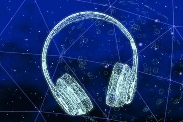 Headphones with a digital wireframe design against a starry, technological background.
